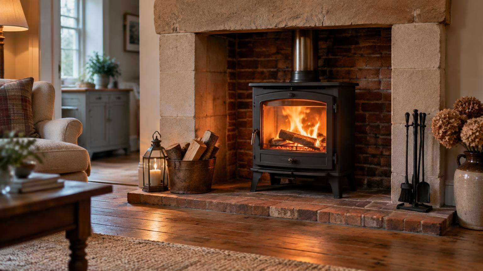 A black cast-iron log burner burning cleanly inside a stone fireplace